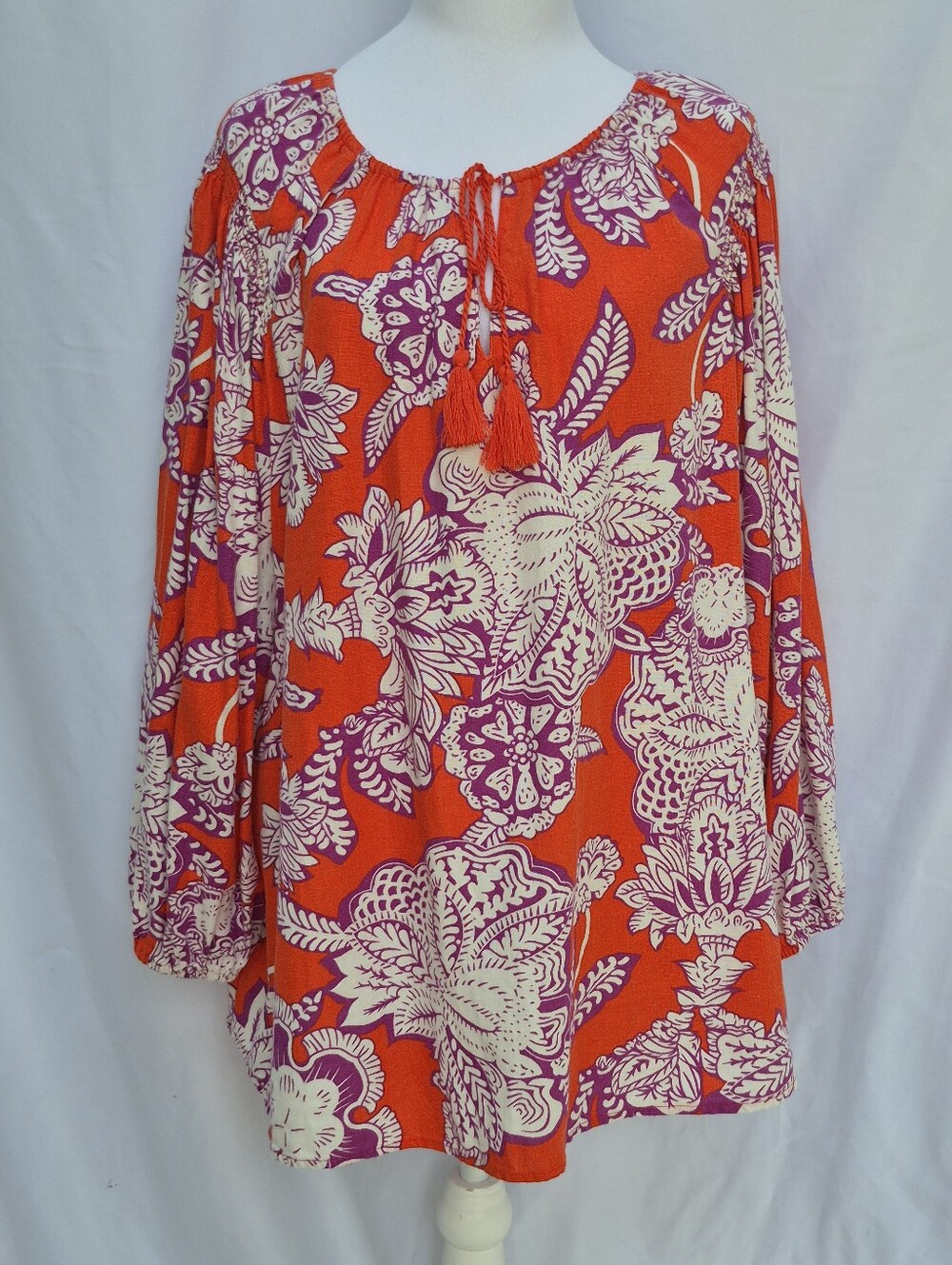 CALLIGRAPHIE  Floral LINEN BLEND Tunic Tassel Women's Blouse Size PLUS 3X